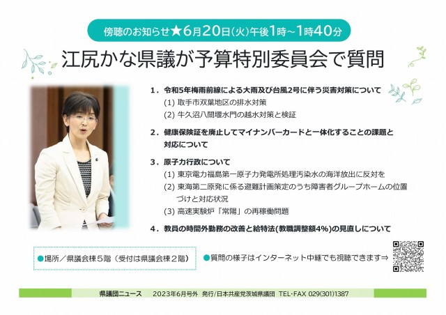 6月20日（火）午後1時～ 江尻かな議員が県議会予算特別委員会で質問